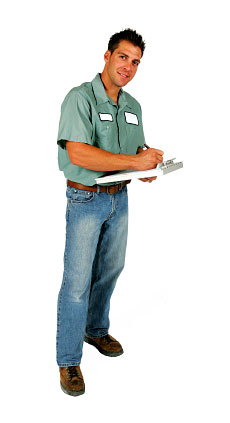 Service Man with a Clipboard arriving at your door.